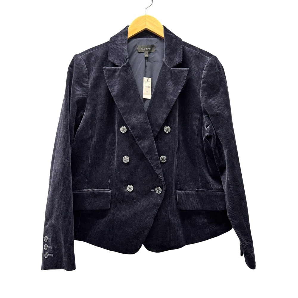 Talbots Blazer Womens 14 Double Breasted Corduroy Navy Blue Jacket Academia NEW